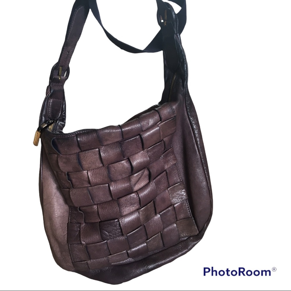 Granello Parma Crossbody Brown Leather Basket Weave Purse Hobo Bag Vintage 90s